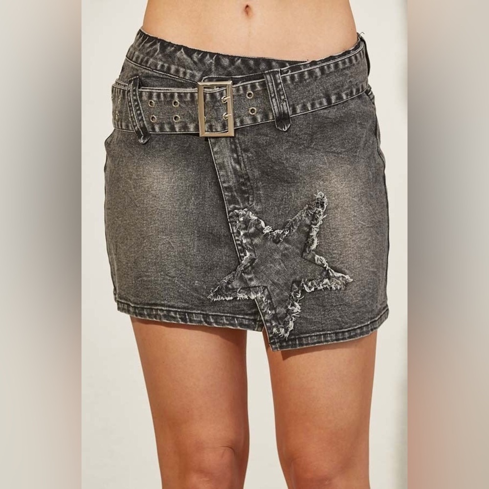 Star Patch Asymmetrical Denim Mini Skirt with Belt
